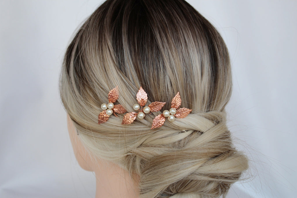 Rose Gold Pearl Wedding Hair Pins: Bridal Leaf Hair Piece