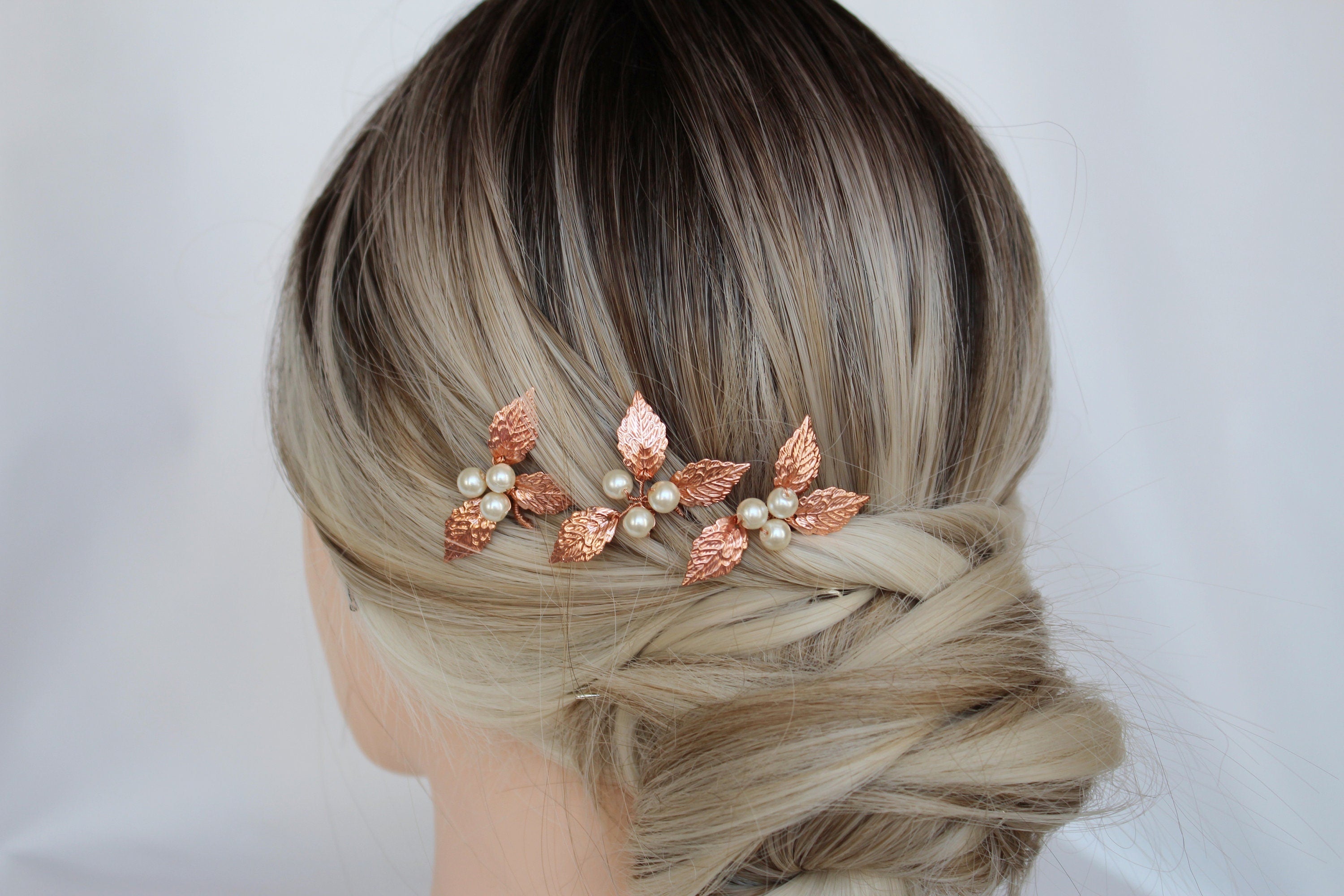 Rose Gold Pearl Wedding Hair Pins: Bridal Leaf Hair Piece