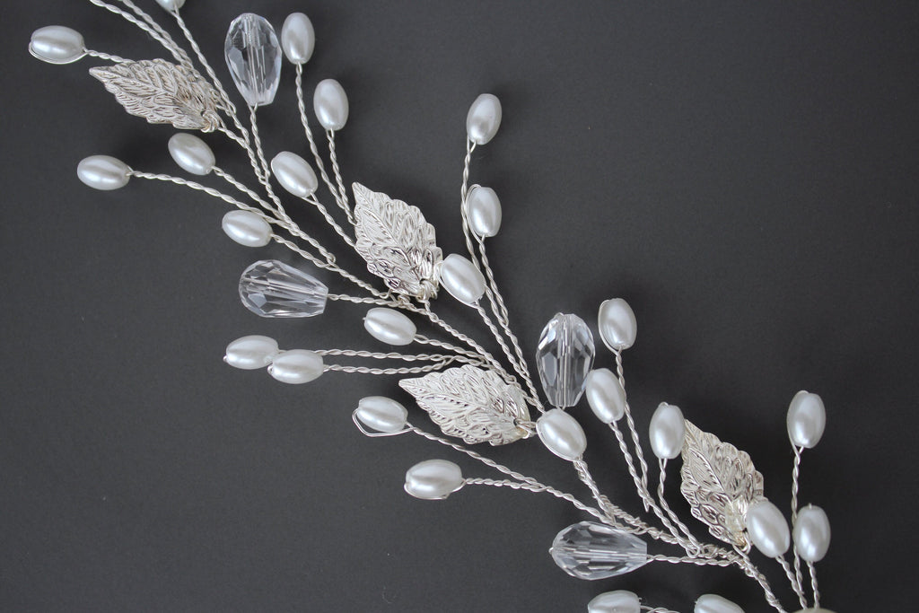 Silver Leaf Hair Vine, Pearl Wedding Hairpiece, Gold Bridal Headband, Rose Gold Hair Piece, Wedding Hair Accessory, Rhinestone Hair vine