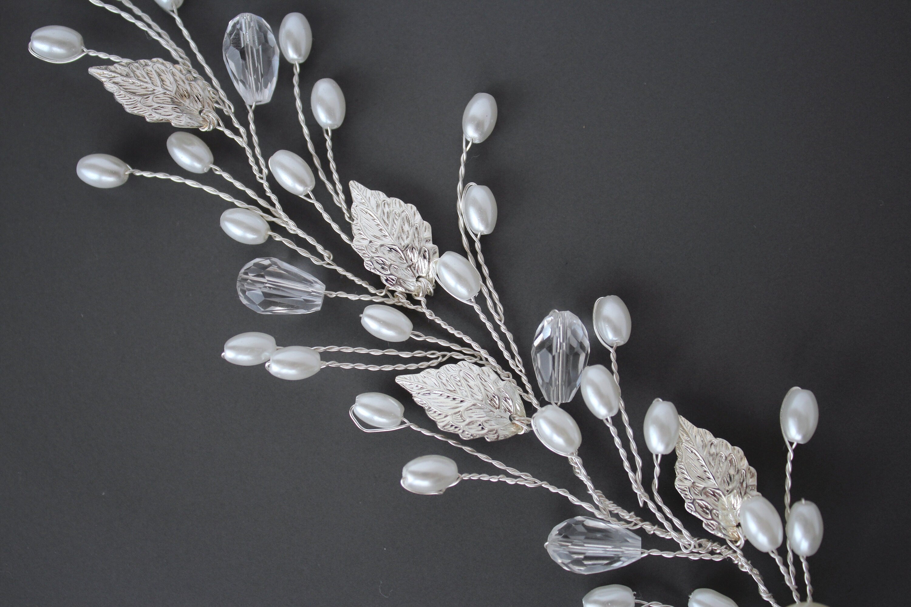 Silver Leaf Hair Vine, Pearl Wedding Hairpiece, Gold Bridal Headband, Rose Gold Hair Piece, Wedding Hair Accessory, Rhinestone Hair vine