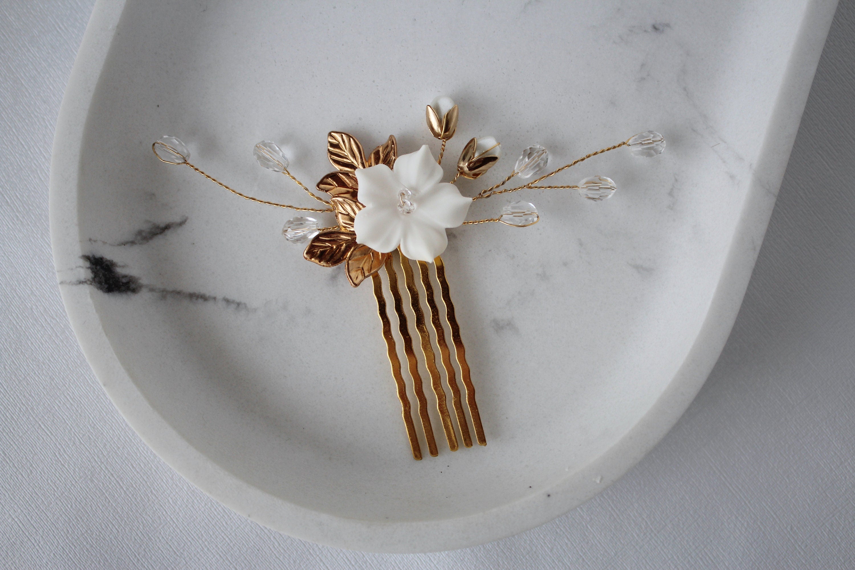 Gold Flower Wedding Hair Comb: Rhinestone Pearl Bridal Hairpiece