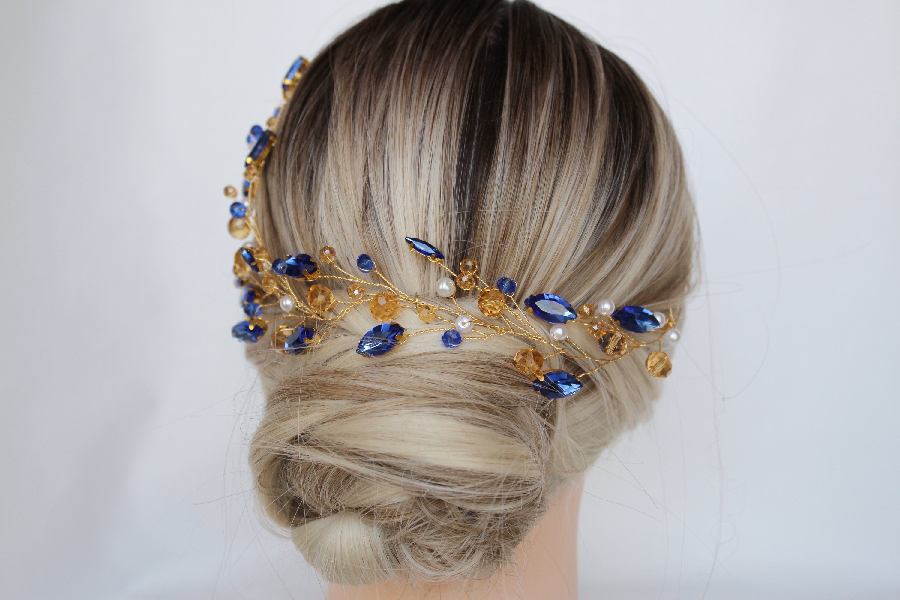 Sapphire Blue Wedding Hair Vine: Gold Bridal Hair Piece