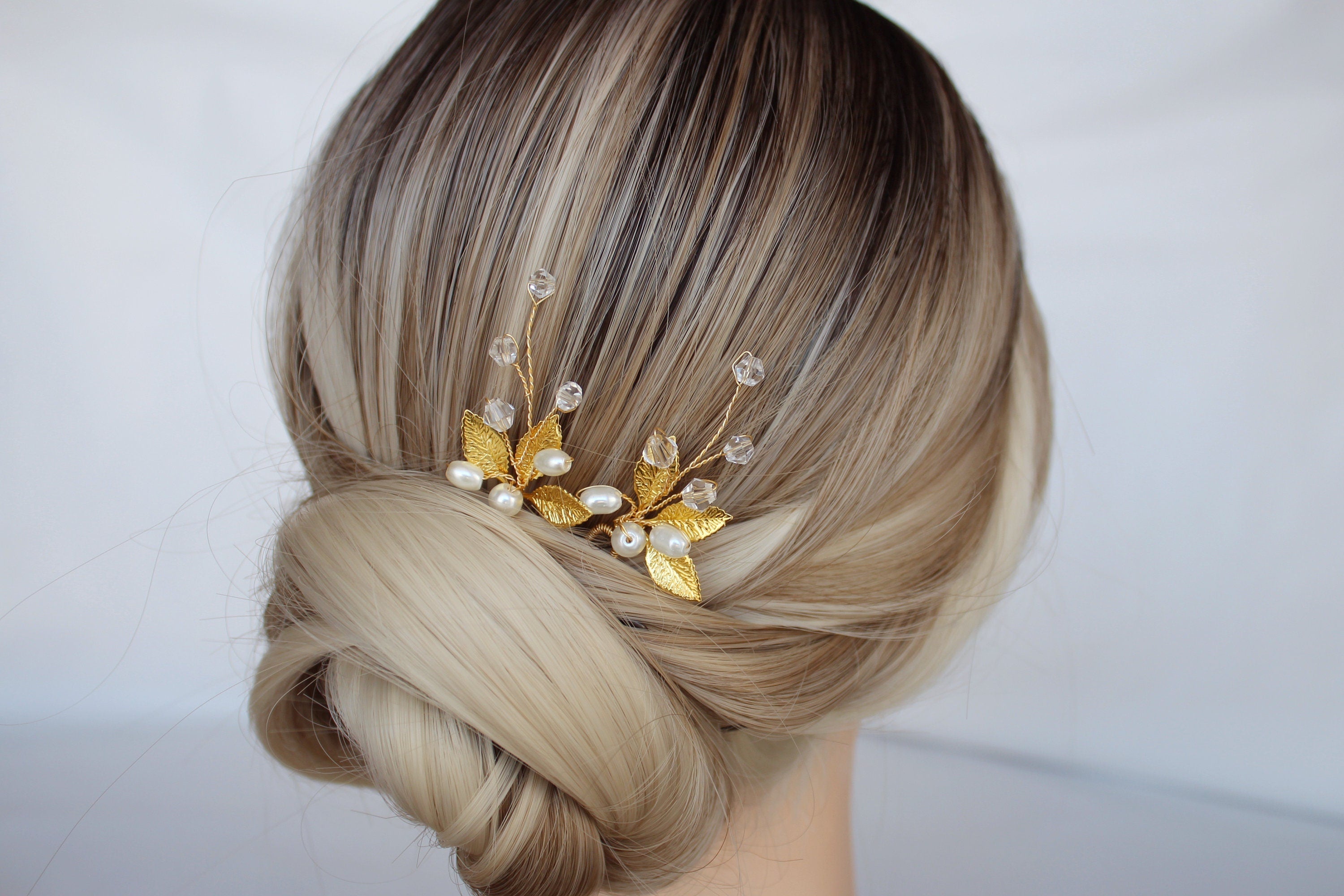 Gold Leaf Pearl Hair Pins: Bridal Rhinestone Hair Piece – Luxora