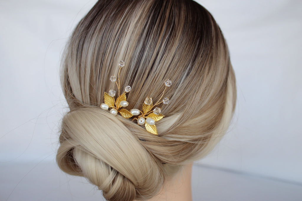 Gold Leaf Pearl Hair Pins: Bridal Rhinestone Hair Piece