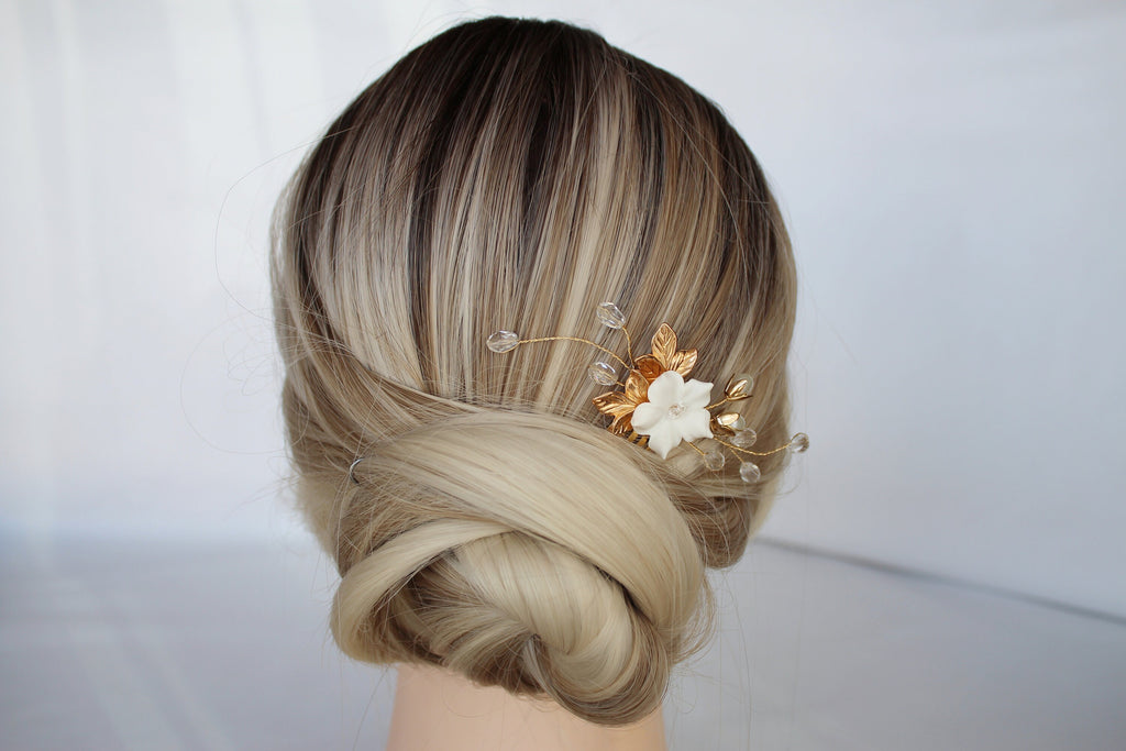 Gold Flower Wedding Hair Comb: Rhinestone Pearl Bridal Hairpiece