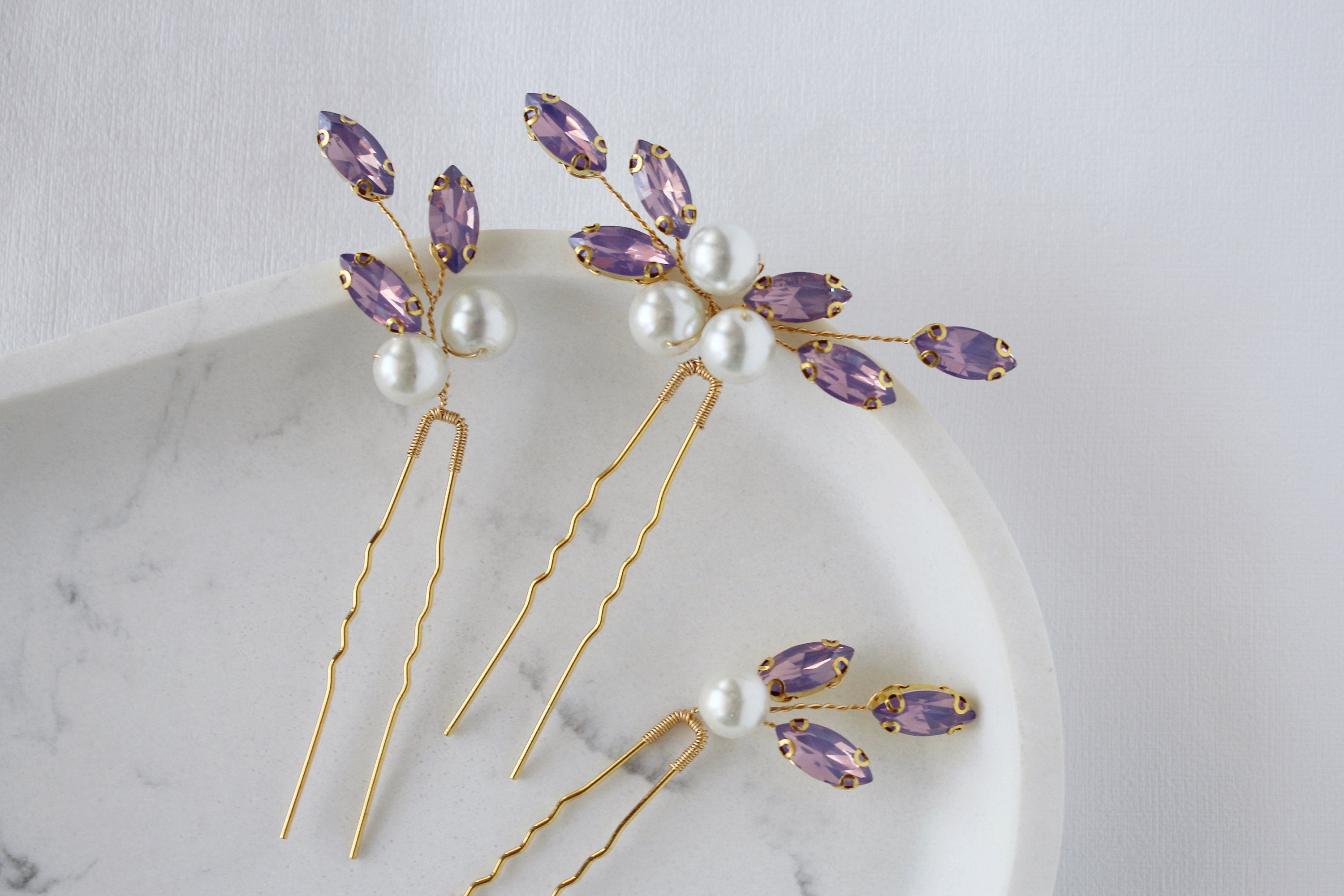 Purple Crystal Bridal Hair Pins: Lavender Wedding Hair Piece