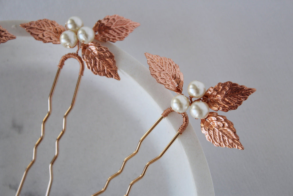 Rose Gold Pearl Wedding Hair Pins: Bridal Leaf Hair Piece
