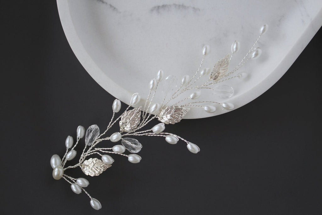 Silver Leaf Hair Vine, Pearl Wedding Hairpiece, Gold Bridal Headband, Rose Gold Hair Piece, Wedding Hair Accessory, Rhinestone Hair vine