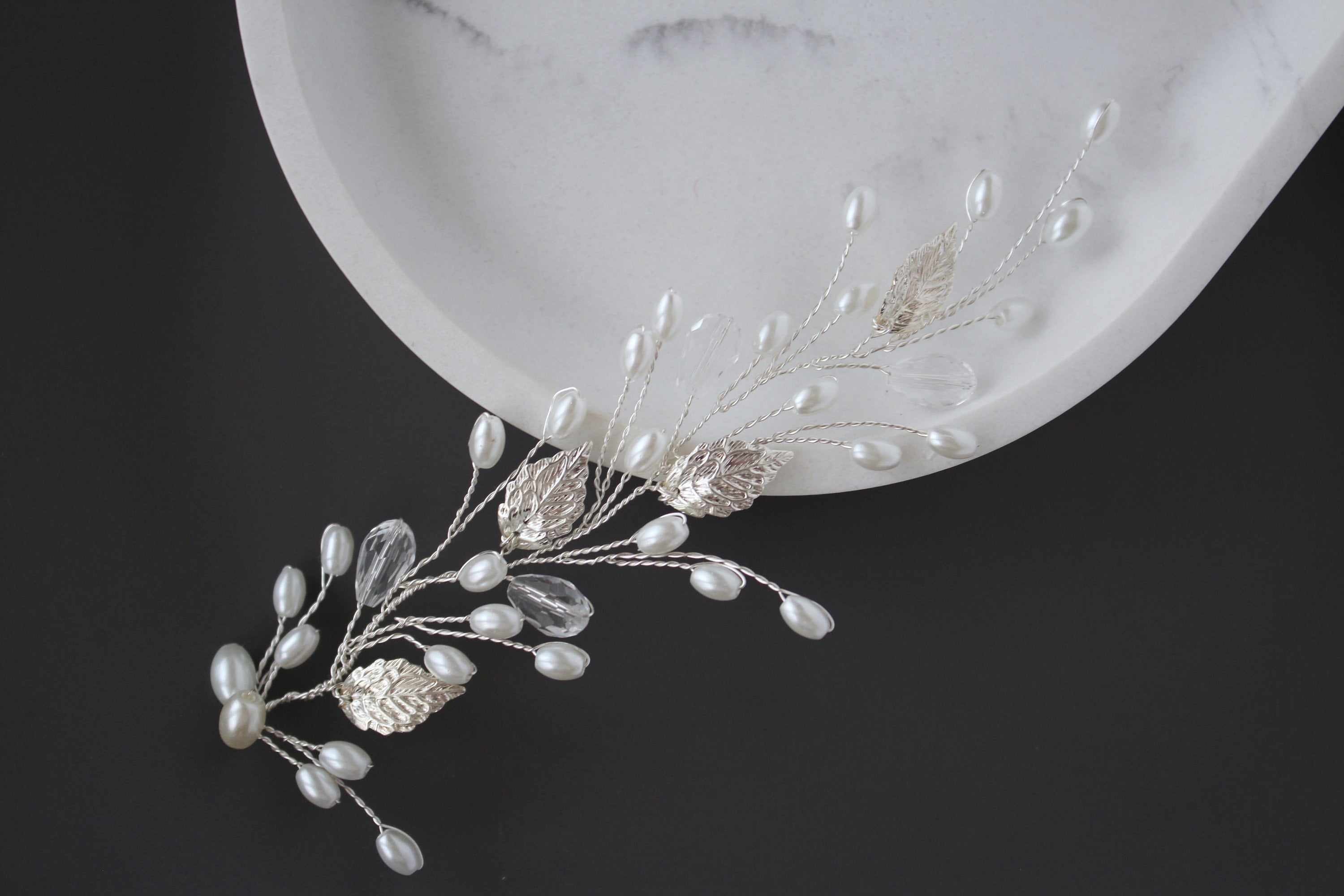 Silver Leaf Hair Vine, Pearl Wedding Hairpiece, Gold Bridal Headband, Rose Gold Hair Piece, Wedding Hair Accessory, Rhinestone Hair vine