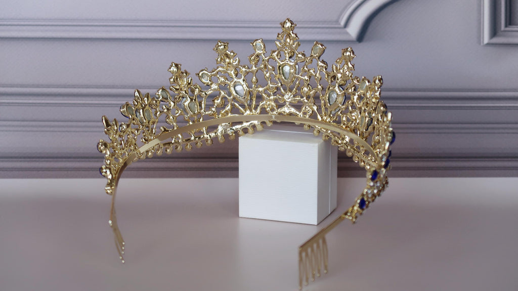 Sapphire Blue gold crown, Quinceanera tiara