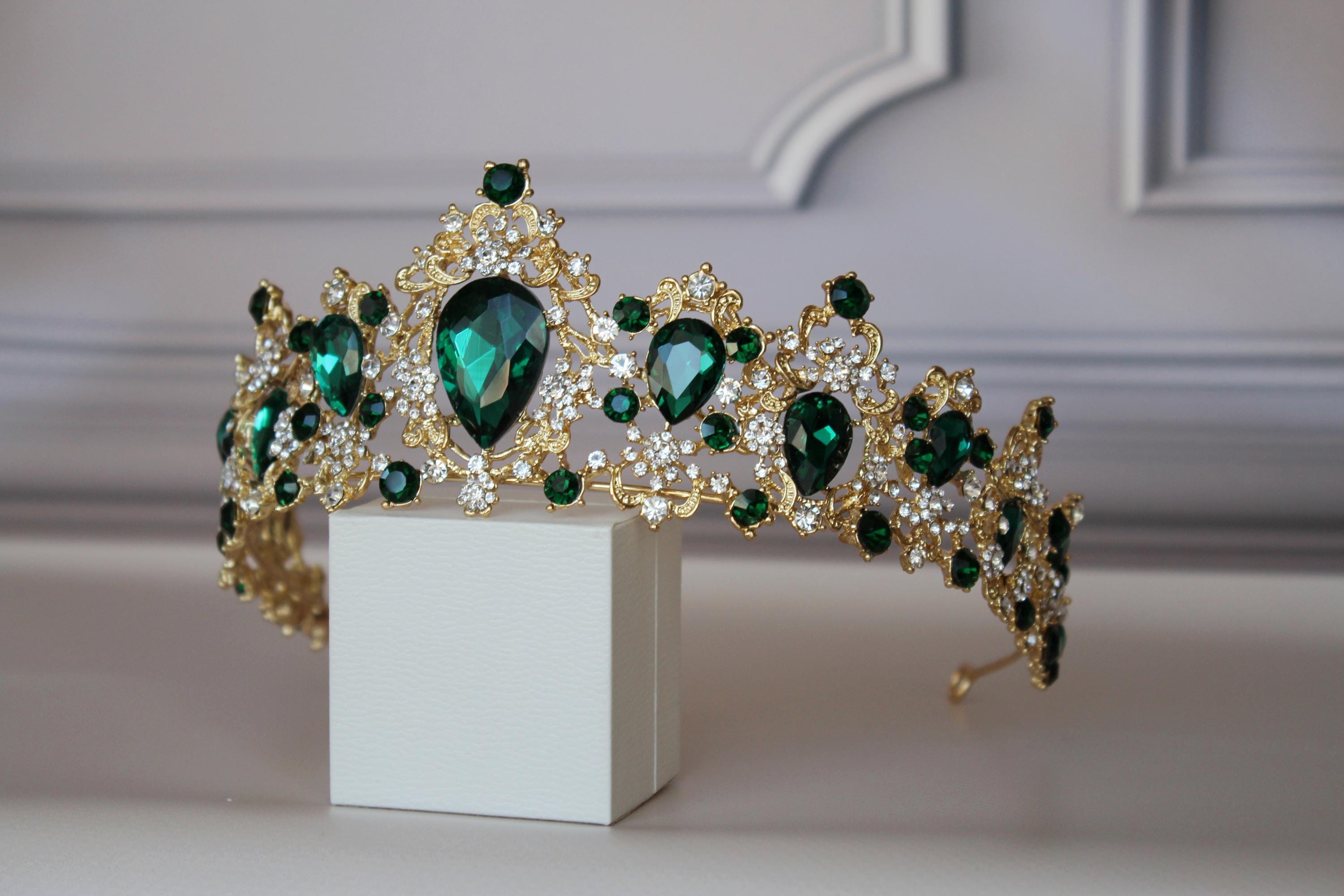 Gold Green Rhinestone Tiara Crown