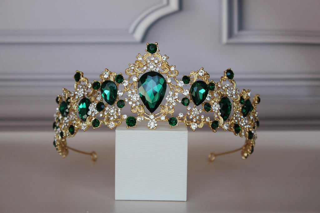 Gold Green Rhinestone Tiara Crown