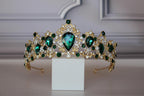 Gold Green Rhinestone Tiara Crown