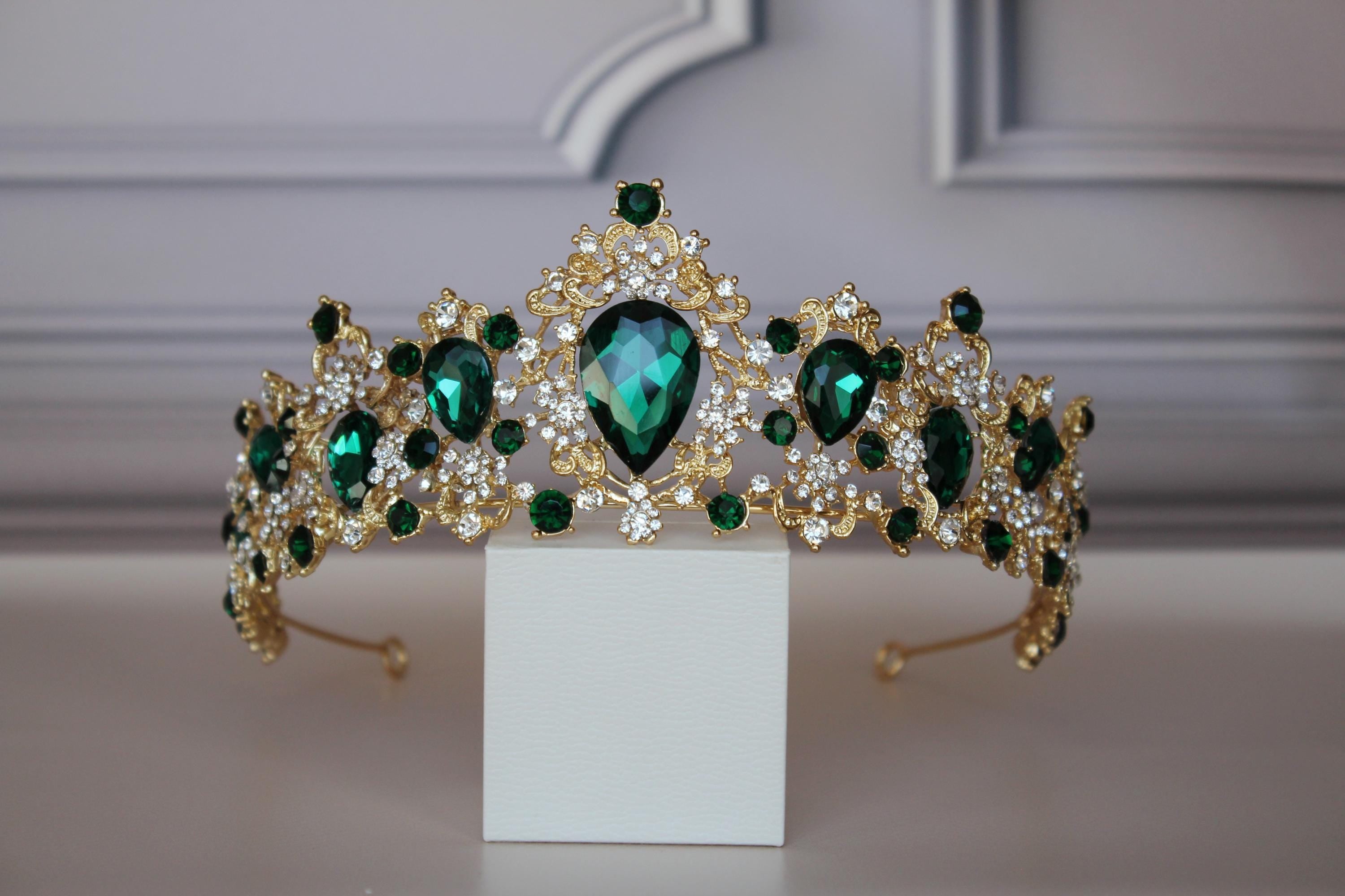 Gold Green Rhinestone Tiara Crown