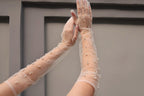 Pearl bridal gloves, White tulle gloves, Long bridal sheer gloves